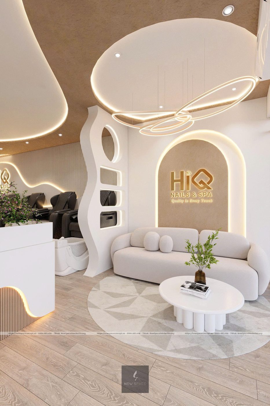 HiQ Nails & Spa lounge with gold signage
