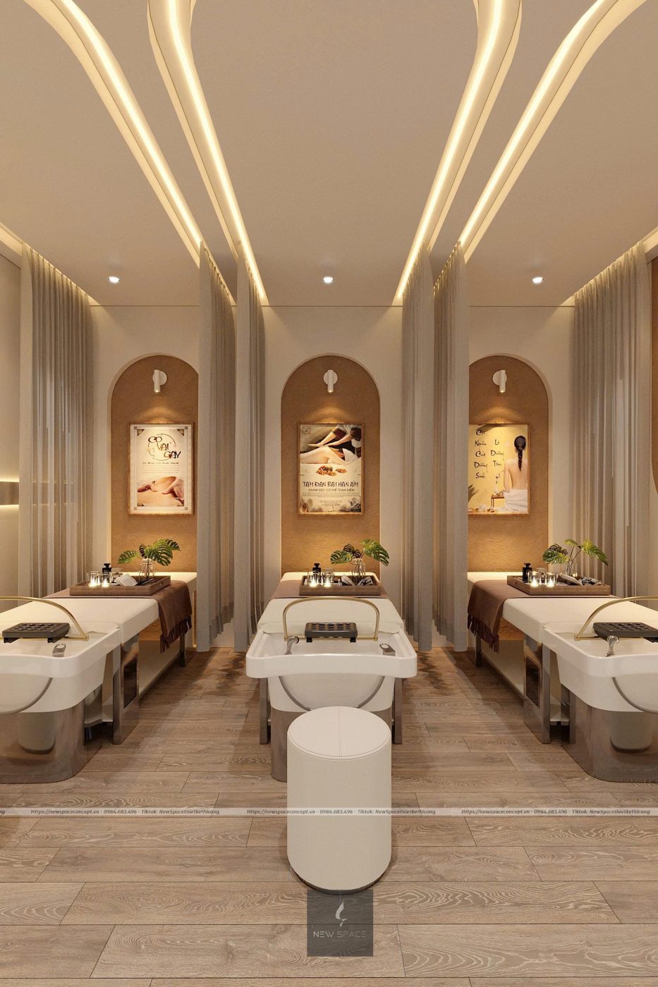 Spa beds behind curtains